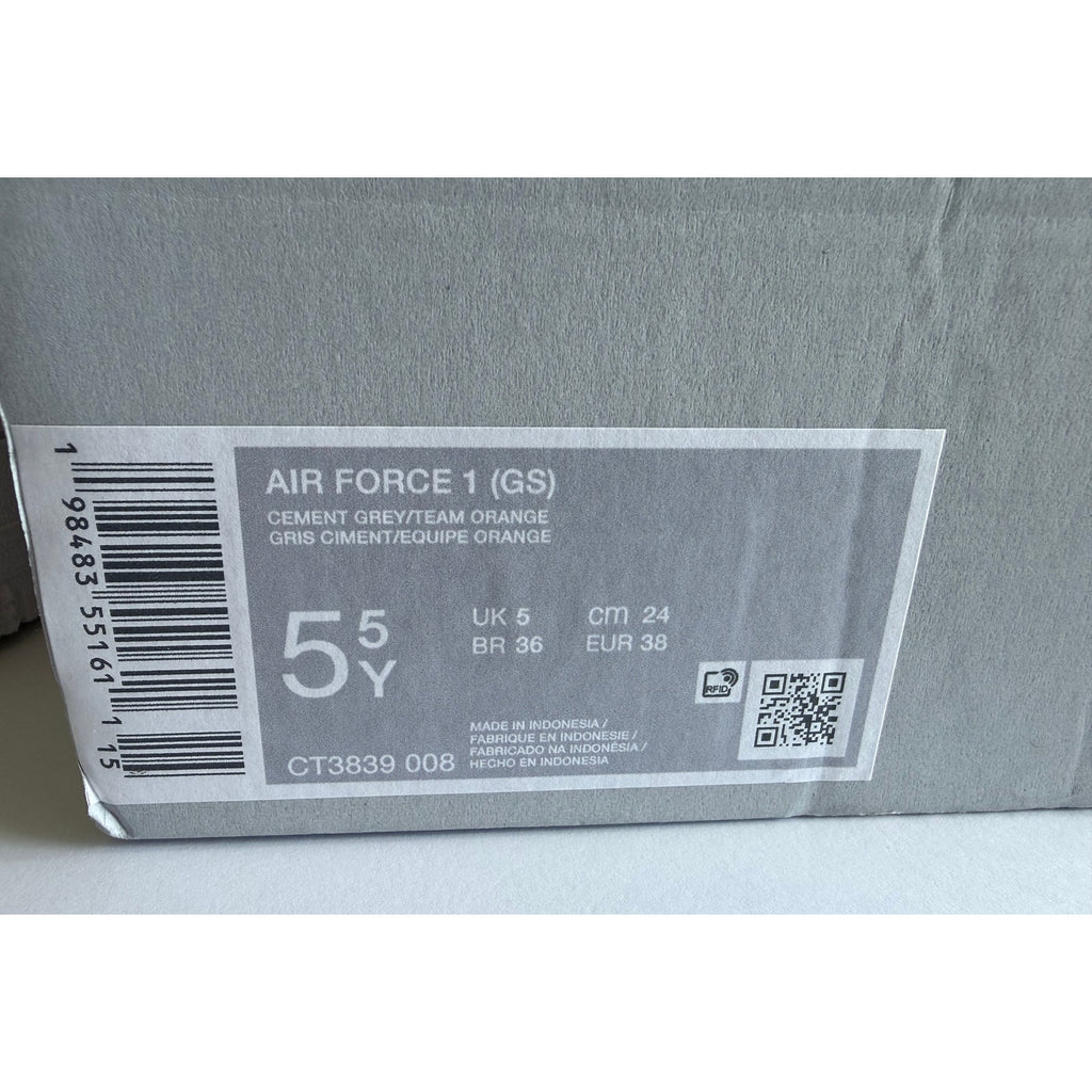 Nike Air Force 1 GS CT3839-008 Cement Grey Team Orange Boys 5.5Y / UK 5 NIB