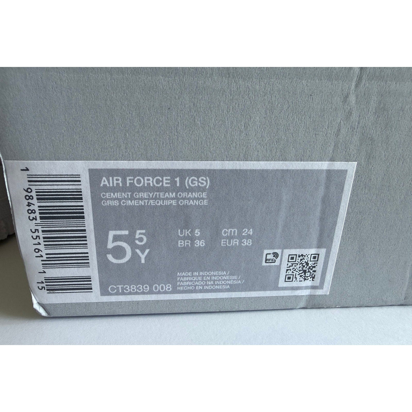 Nike Air Force 1 GS CT3839-008 Cement Grey Team Orange Boys 5.5Y / UK 5 NIB