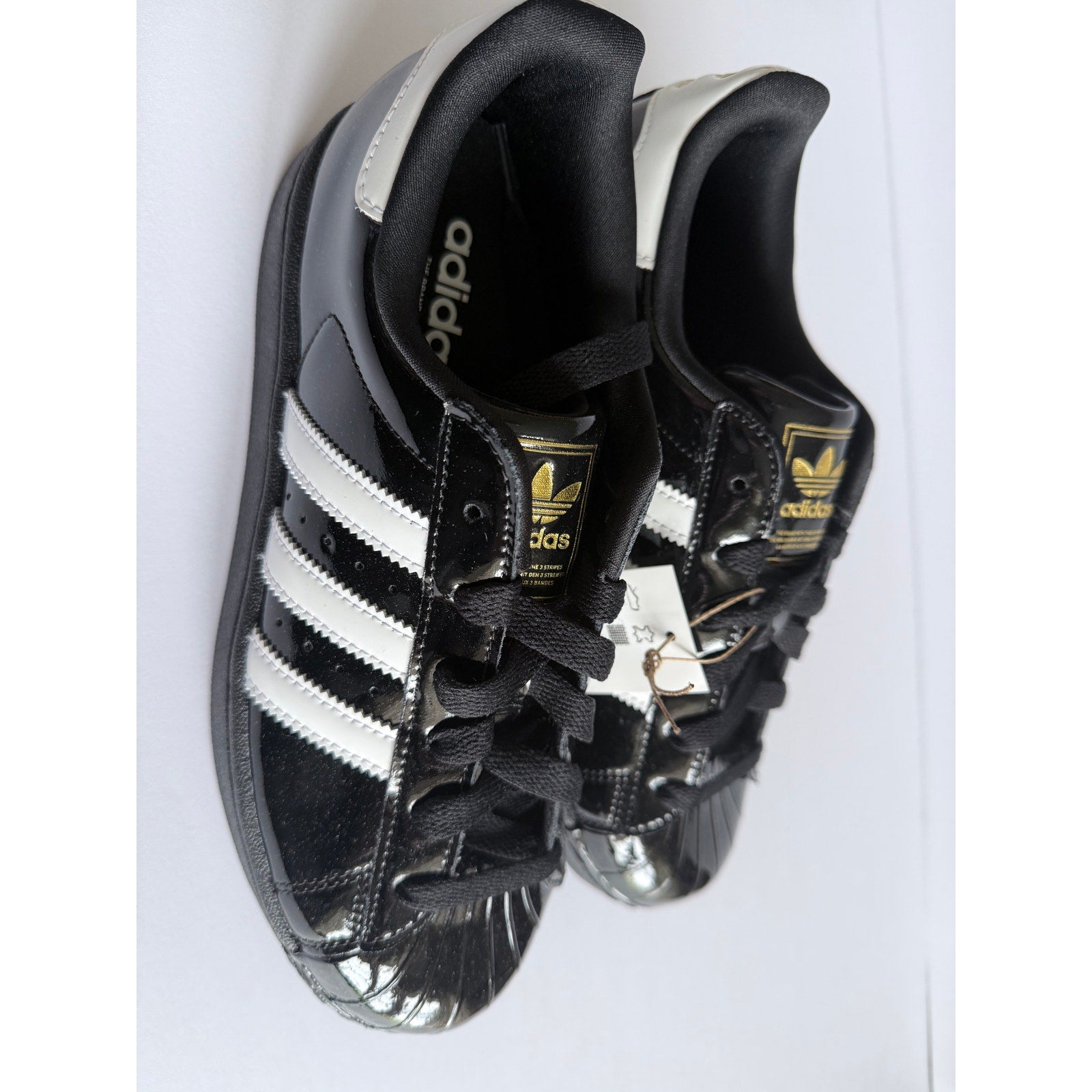 didas Superstar II W JS4009 Black Patent White Gold Women's 7.5 / UK 6 NWT