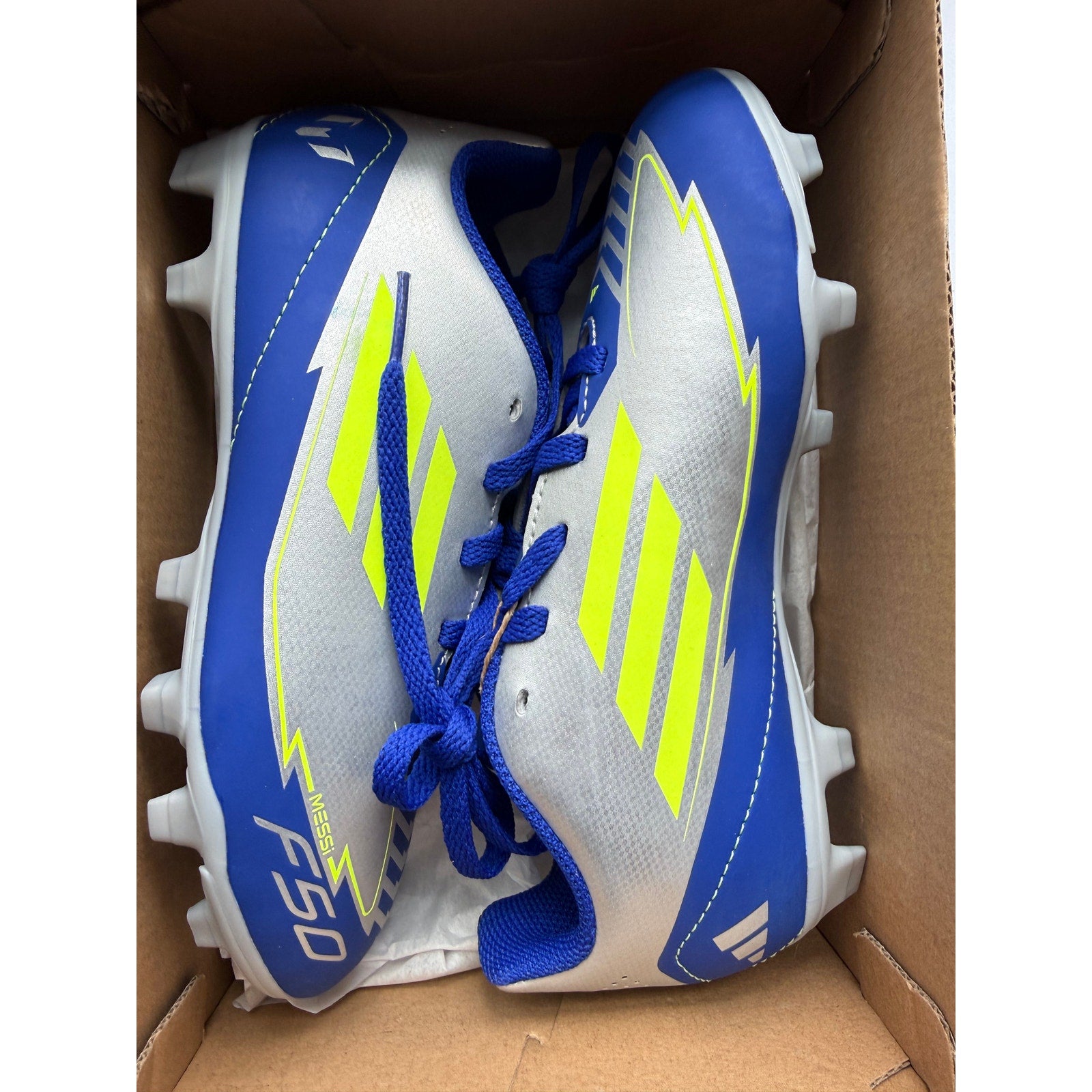 Adidas F50 Club FG/MG J Messi IH0926 Kids Size 1 Silver Blue Yellow NWT