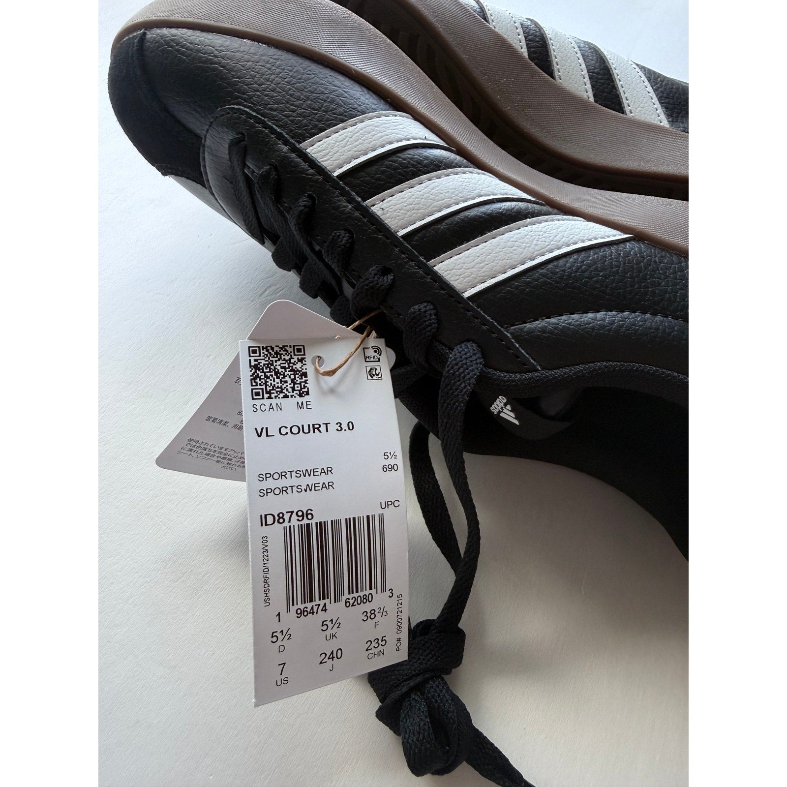 Adidas VL Court 3.0 ID8796 Black White Gum Women's 7 NWT