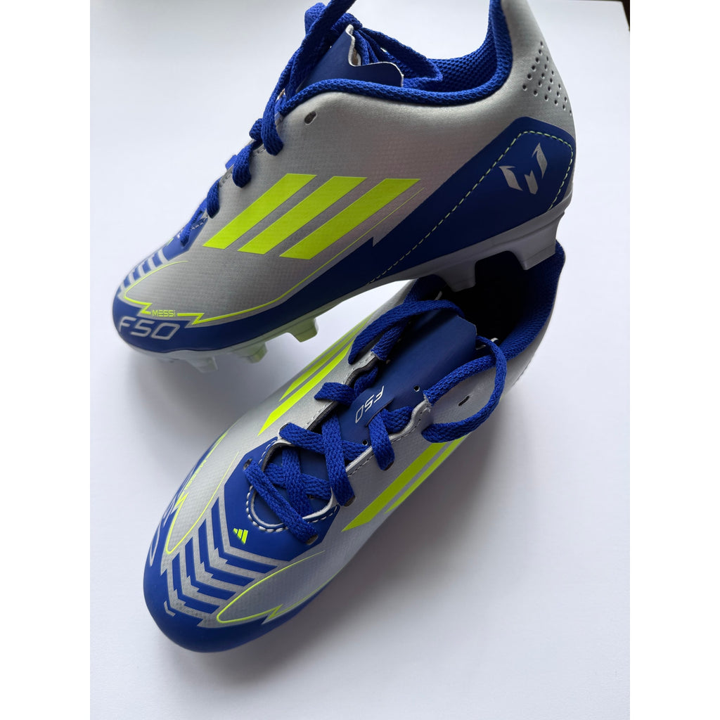 Adidas F50 Club FG/MG J Messi IH0926 Kids Size 1 Silver Blue Yellow NWT