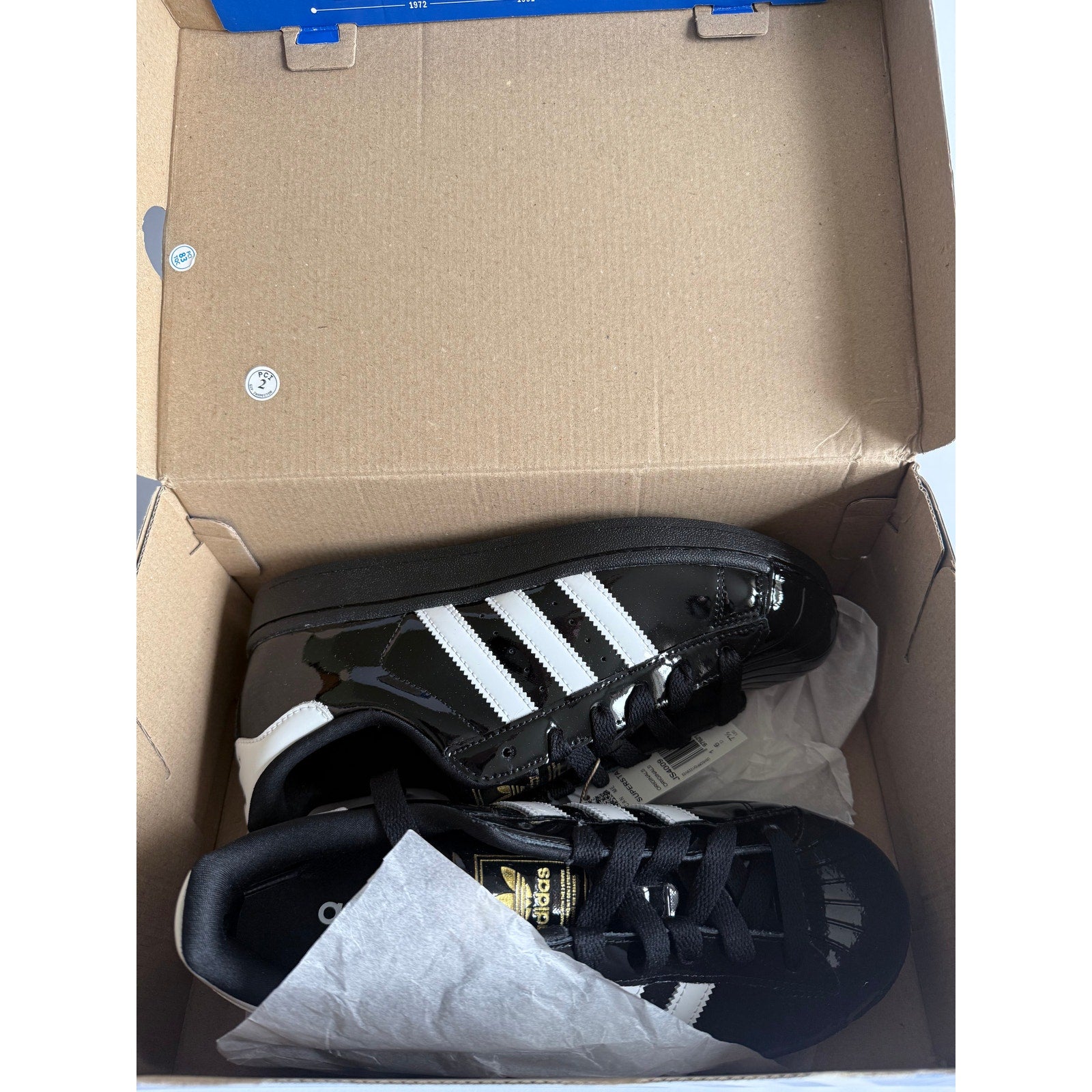 didas Superstar II W JS4009 Black Patent White Gold Women's 7.5 / UK 6 NWT