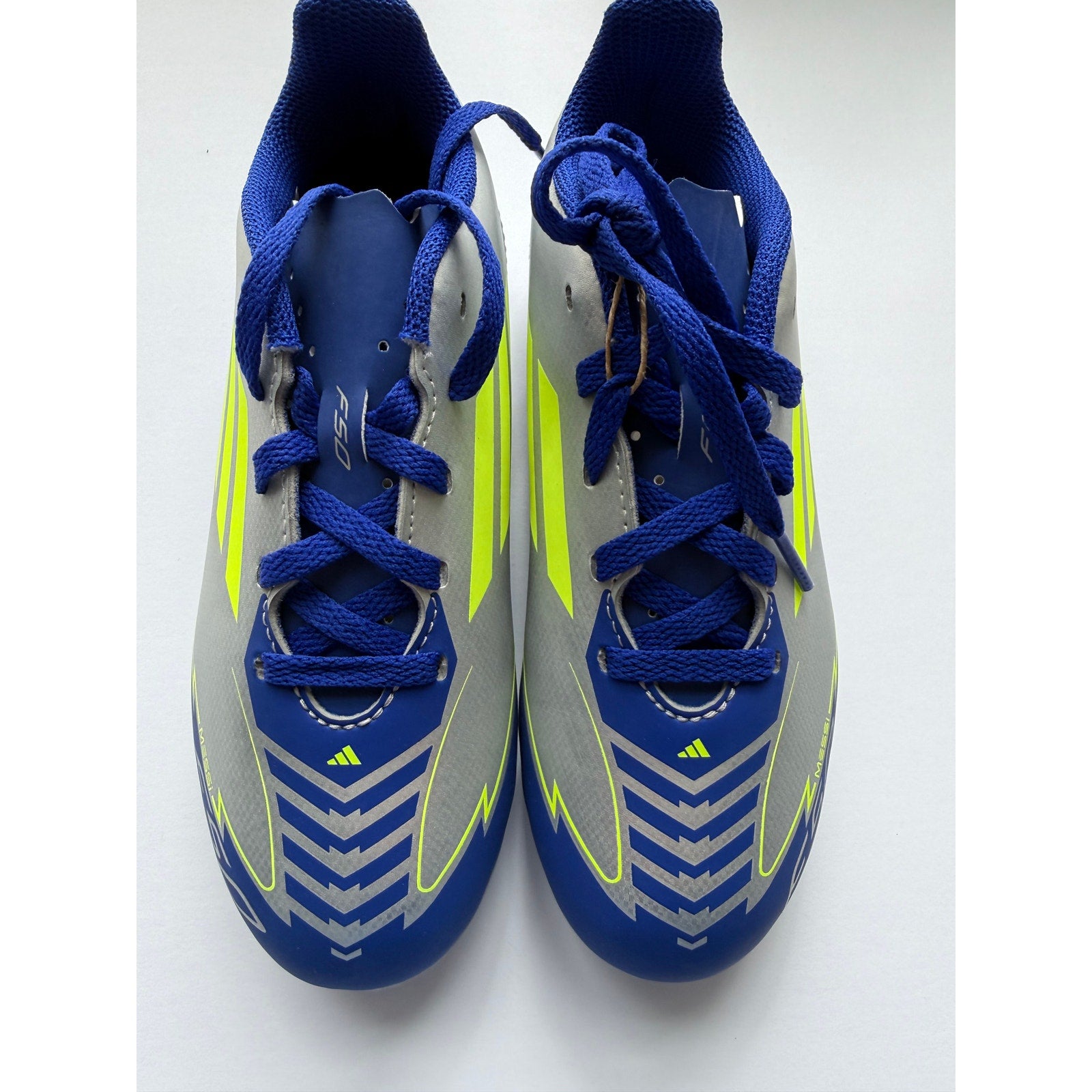 Adidas F50 Club FG/MG J Messi IH0926 Kids Size 1 Silver Blue Yellow NWT